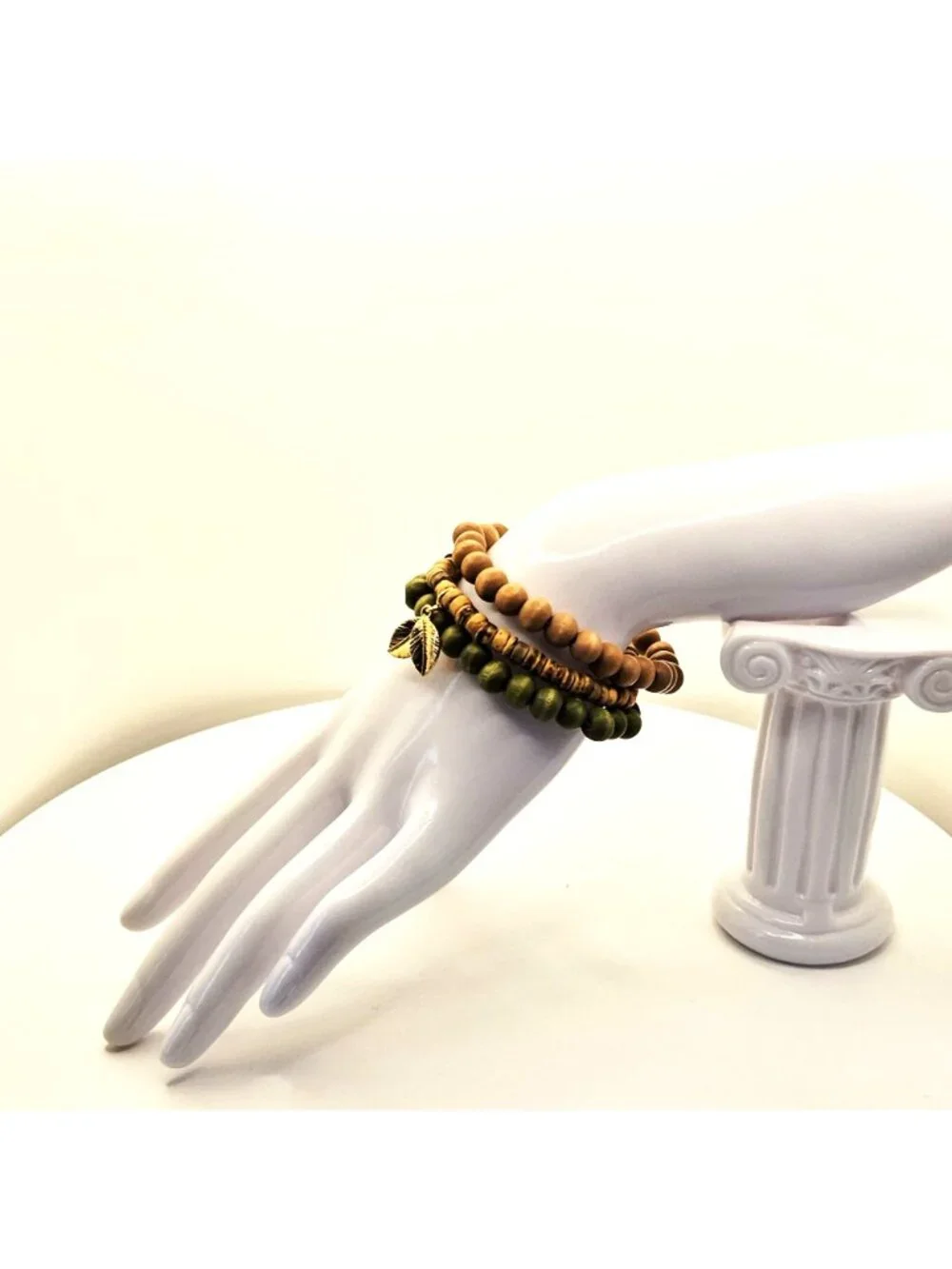 Boho Wood Bracelet Stack, Leaf Charm Bracelet Set, Earthy Beaded Bracelet